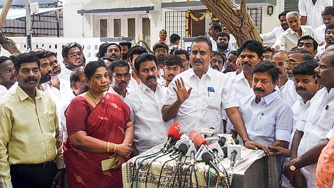 AIADMK senior leaders SP Velumani and C Ve Shanmugam address a press conference at Shanmugam�s residence, in Chennai, Tamil Nadu, Wednesday, May 13, 2026.