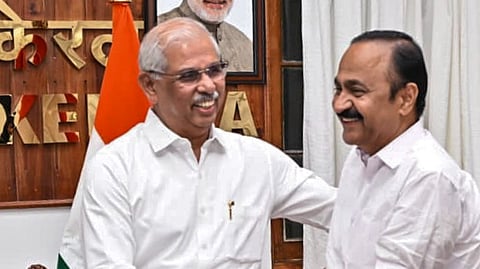 Kerala Governor Rajendra Arlekar, left, during a meeting with Chief Minister-designate VD Satheesan at Lok Bhavan, in Thiruvananthapuram on May 14, 2026.
