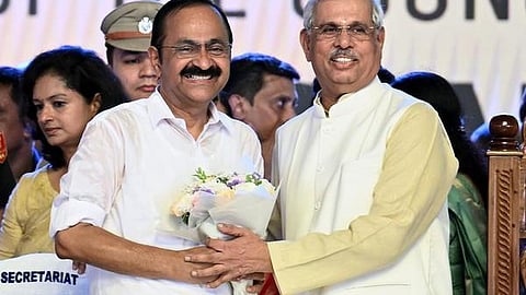 CM V D Satheesan and Governor Rajendra Arlekar during the former's swearing-in ceremony.