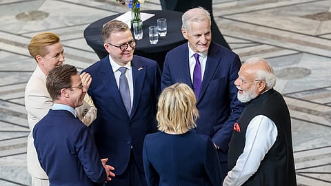 Prime Minister Narendra Modi with Nordic leaders, Norwegian Prime Minister Jonas Gahr Støre, Finnish Prime Minister Petteri Orpo, Swedish Prime Minister Ulf Kristersson, Icelandic Prime Minister Kristrún Frostadóttir and Danish Prime Minister Mette Frederiksen, at the Nordic-India Summit, in Oslo, Norway on May 19, 2026.