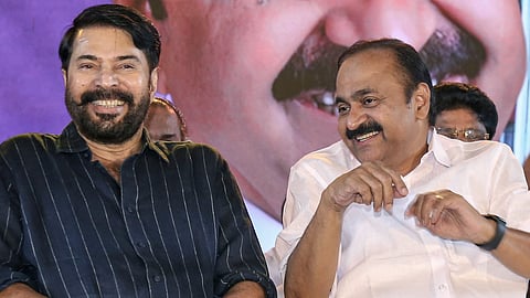 Kerala Chief Minister VD Satheesan, right, and actor Mammootty during an event, in Kochi, Kerala, Sunday, May 24, 2026.