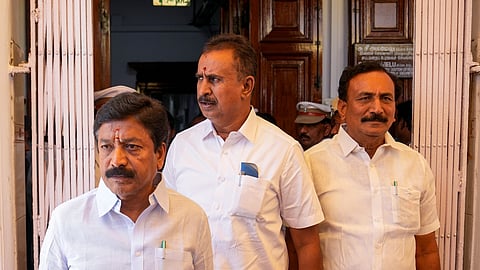 AIADMK MLAs leave after the floor test proceedings to prove the strength of the C Joseph Vijay-led TVK government, at Tamil Nadu Legislative Assembly in Chennai, Wednesday, May 13, 2026.