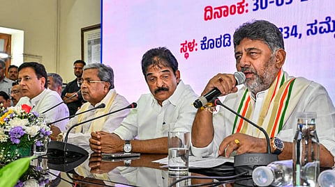 Congress leaders Siddaramaiah, KC Venugopal, DK Shivakumar, Randeep Singh Surjewala and others during the Congress legislature party meeting at Vidhana Soudha, in Bengaluru on May 30, 2026.