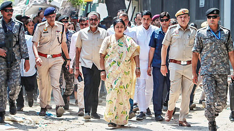 Delhi CM Rekha Gupta during a visit to the site after a three-storey commercial building collapsed on Saturday evening near the Saket Metro station, in New Delhi, Sunday, May 31, 2026.