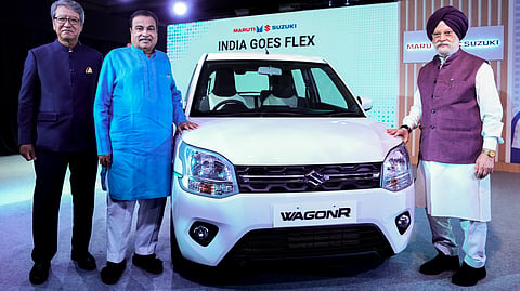 Union Road Transport and Highways Minister Nitin Gadkari launches Maruti Suzuki's first flex fuel car, in New Delhi, Thursday, June 4, 2026.