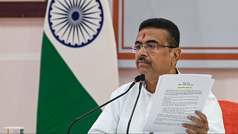 West Bengal Chief Minister Suvendu Adhikari addresses the launch of 'Annapurna Yojana', at Nabanna Sabhaghar, in Howrah.