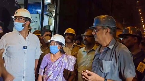 MP Mathukumilli Bharat and Andhra Pradesh Home Minister Vangalapudi Anitha reaches the site following the fire broke out in Vizag steel plant after molten iron spilt while being moved in a bucket by a crane, in Visakhapatnam, Andhra Pradesh.