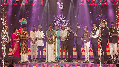 Higher Education Minister Roji M. John inaugurating the eighth edition of the EMAK Silent Heroes Awards 2026, held at Hyatt Regency Thrissur. Joint Secretary Ajesh Mukundan, EMAK President Raju Kann