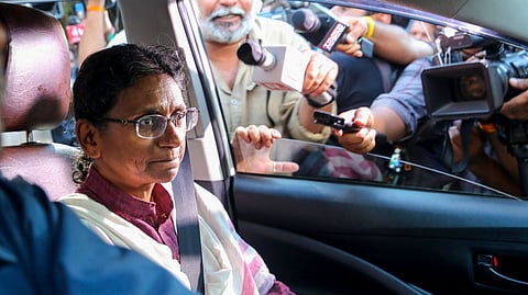 Congress Rajya Sabha candidate Meenakshi Natarajan leaves the state assembly after her nomination was rejected following charges of concealing information about a case in the affidavit, in Bhopal, Madhya Pradesh, Tuesday, June 9, 2026.