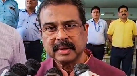 Union Education Minister Dharmendra Pradhan speaks with the media during his visit to National Testing Agency (NTA) office, in New Delhi, Tuesday, June 9, 2026. 