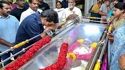 Tamil Nadu Chief Minister C Joseph Vijay pays tributes to director P Bharathiraja, who died on Wednesday due to age related complications.