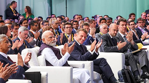 In this image released on June 14, 2026, Prime Minister Narendra Modi with French President Emmanuel Macron and others during the inauguration of the 'Bharat Innovates' event, in Nice, France.