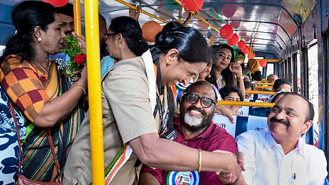 Kerala Chief Minister VD Satheesan with state Transport Minister CP John during the launch of 'Priyadarshini', a free KSRTC bus travel scheme for women, in Thiruvananthapuram on June 15, 2026.
