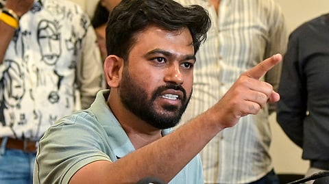 Cockroach Janta Party (CJP) founder Abhijeet Dipke addresses a press conference, in Nagpur, Maharashtra, Tuesday, June 16, 2026. 