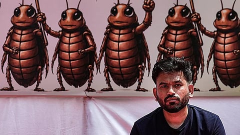 Abhijeet Dipke at Cockroach Janta Party protest venue in Delhi's Jantar Mantar.
