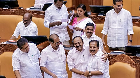 Kerala Chief Minister VD Satheesan greets state Home Minister Ramesh Chennithala, right, and others during the budget presentation for 2026-2027 of the UDF government in the Kerala Legislative Assembly, in Thiruvananthapuram, Kerala, Friday, June 19, 2026.