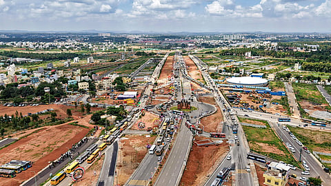 An aerial view of the newly constructed SM Krishna Road, a 10-lane, 10.76-km signal-free and toll-free corridor connecting Kadabagere Cross on Magadi Road to Challaghatta Metro Station, inaugurated by Chief Minister DK Shivakumar, in Bengaluru, Saturday, June 27, 2026, coinciding with the 517th Nadaprabhu Kempegowda Jayanti.