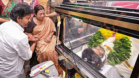 Tamil Nadu Chief Minister and actor Joseph Vijay pays tribute to the mortal remains of late film director and actor K Bhagyaraj, at his residence, in Chennai, Saturday, June 27, 2026. 