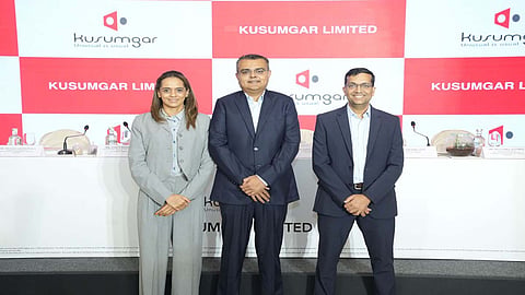 Ms. Sapna Kusumgar, Joint Managing Director, Mr. Siddharth Kusumgar, CMD and Mr. Ankur Kothari, ED & CEO at the IPO press conference of Kusumgar Ltd in Mumbai