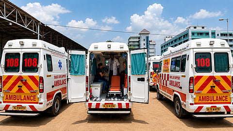 Ambulances parked at a health care facility in Kerala