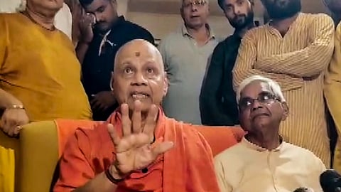 Rama Janmabhoomi Teerth Kshetra Trust Treasurer Govind Dev Guru speaks to the media, in Ayodhya, Monday, July 6, 2026.
