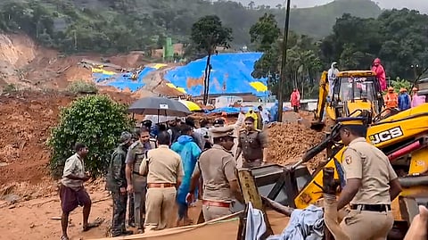 Rescue operation underway after a landslide at Kalladi, near Meppadi tunnel project in Wayanad, Kerala, Tuesday, July 7, 2026. 