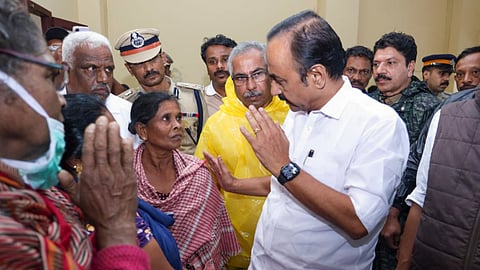 Kerala CM VD Satheesan during a visit to a relief camp, set up after the Wayanad lanslide, Wednesday, July 8, 2026.