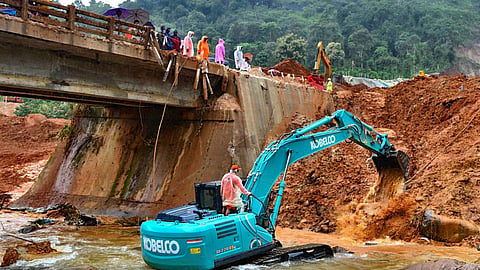 Search and rescue operation underway at the site of the landslide that struck the under-construction Anakkampoyil-Kalladi-Meppadi twin tunnel project, in Wayanad district, Thursday, July 9, 2026. 