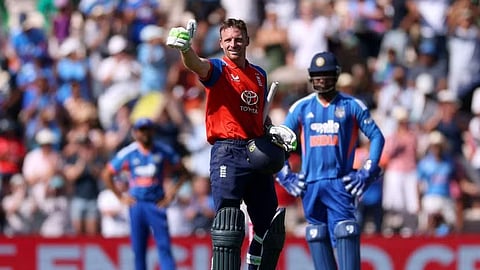 Jos Buttler celebrating after scoring century vs India in the 5th T20I in Southampton