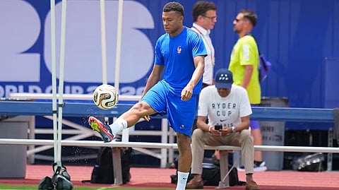 France's Kylian Mbappe participates in a training session ahead of the team's semifinal soccer match against Spain, Monday, July 13, 2026, in Dallas.