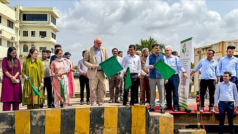 British Deputy High Commissioner to Gujarat and Rajasthan Steve Hickling flags off container trucks during an event marking the India-UK Comprehensive Economic and Trade Agreement (CETA), at Sanand, in Ahmedabad district, Gujarat, Wednesday, July 15, 2026.