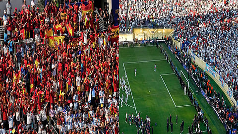 Fans from Argentina and Spain sing, stomp, dance during the final