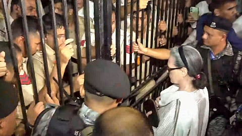 Congress MP Sonia Gandhi reaches Mandir Marg Police Station, where some of the opposition leaders, who were protesting at Lok Kalyan Marg and detained by Delhi Police were brought, in New Delhi, Tuesday, July 21, 2026.
