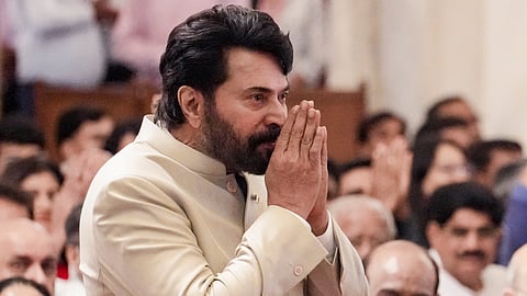 Veteran actor Mammootty greets during the second civil investiture ceremony, at Rashtrapati Bhavan, in New Delhi, Tuesday, June 23, 2026.