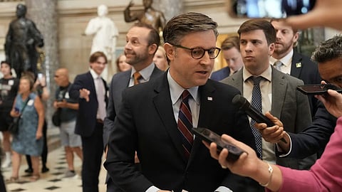 United States House Speaker Mike Johnson speaks to media on Capitol Hill in Washington, on Wednesday, July 22, 2026.