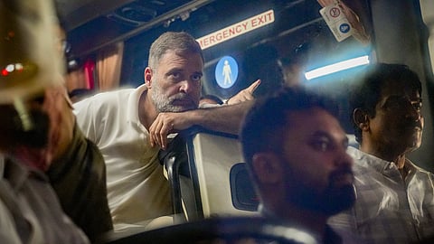 Lok Sabha LoP Rahul Gandhi boards a bus and heads towards Gandhi Smriti, in New Delhi on July 23, 2026.