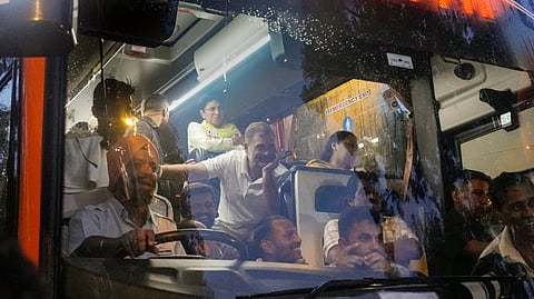 Lok Sabha LoP Rahul Gandhi and opposition MPs board a bus and head towards Gandhi Smriti, in New Delhi, Thursday, July 23, 2026.