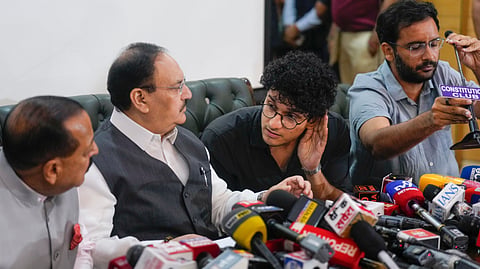 Union Minister JP Nadda with MoS Jitendra Singh and CJP Spokespersons Saurav Das and Ashutosh Ranka, during a joint press conference after Education Minister Dharmendra Pradhan resigned from the Union Cabinet, at the Constitution Club of India, in New Delhi, Saturday, July 25, 2026. 