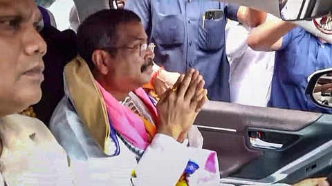 Former union education minister Dharmendra Pradhan being welcomed on his arrival at Biju Patnaik International Airport, in Bhubaneswar, Tuesday, July 28, 2026.
