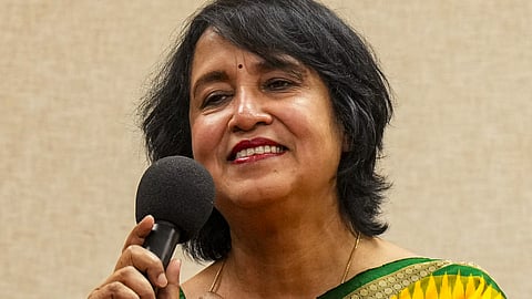 Exiled Bangladeshi author Taslima Nasrin addresses a press conference, in Kolkata, West Bengal, Sunday, Aug. 2, 2026.