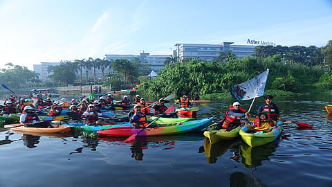 Dhanya Ravi, Disability Inclusion Specialist flagging off the 'Kayakathon', conducted by the Aster Institute of Cardiac Sciences at Aster Medcity as part of World Heart Day.