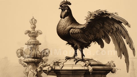 Dibujo a carbón de una escultura de un gallo de piedra