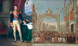 Retrato de Agustín de Iturbide y  Solemne y pacifica entrada del Ejército de las Tres Garantías en la ciudad de México el 27 de septiembre de 1821