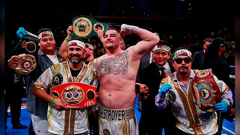 Andy Ruiz, primer campeón mundial que México tiene en la máxima categoría del boxeo profesional, es dueño ahora de los cinturones AMB, FIB y OMB
(Foto: @alvez_rebeca)
