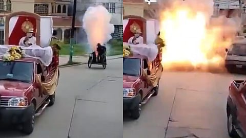 La víctima transportaba fuegos artificiales en un triciclo (Foto Twitter: @UnoNoticias)