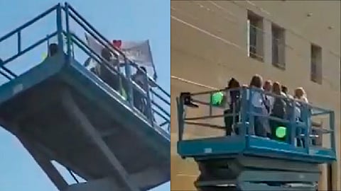 Desde lo alto de la grúa, el grupo de mujeres visitaron a su amiga hospitalizada (Foto Twitter: @ibonpereztv)
