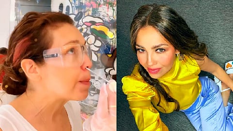 En dicho video se ve a la cantante utilizando unos goggles, mientras una mujer coloca el hisopo en su nariz (Foto IG: @thalia)