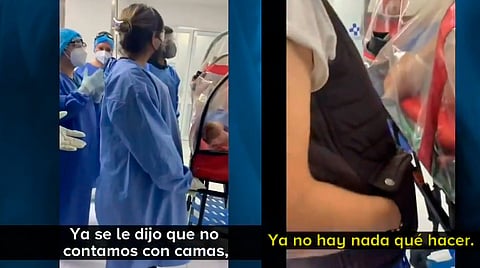 Mientras el hombre está aún con vida en una cápsula para pacientes con Covid-19, los hijos insisten en que atiendan a su padre (Fotograma: @CiroGomezL)
