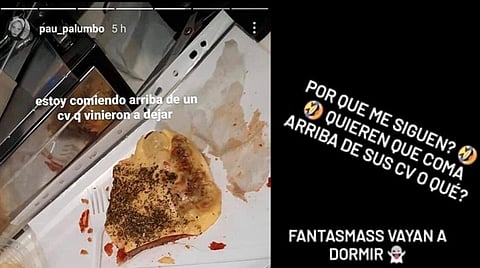 En sus stories de Instagram Pau subió la imagen en la que se ve que usa de plato el currículum (Foto: Pau Palumbo) 