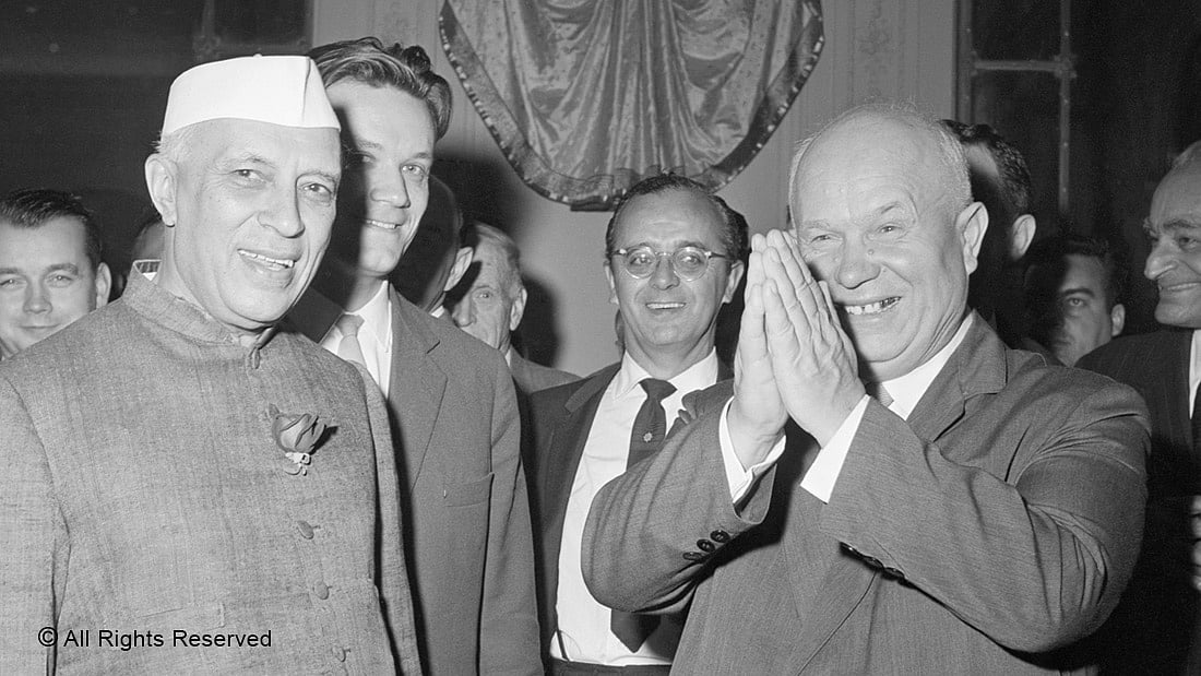 DEEP BONHOMIE—Prime Minister Jawaharlal Nehru with Soviet Premier Nikita Khrushchev in New York in 1960.